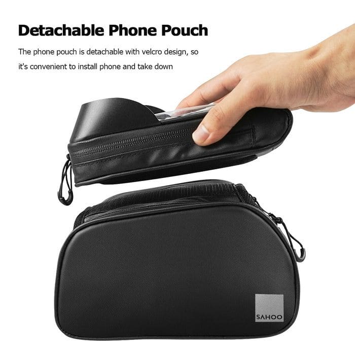 Sahoo - Top Bar Bag With Removable Phone Holder Per Pocket Toptube Mount Secures With 2 Velcro Straps 2 Main Pockets - Black - L17/H9/D4Cm