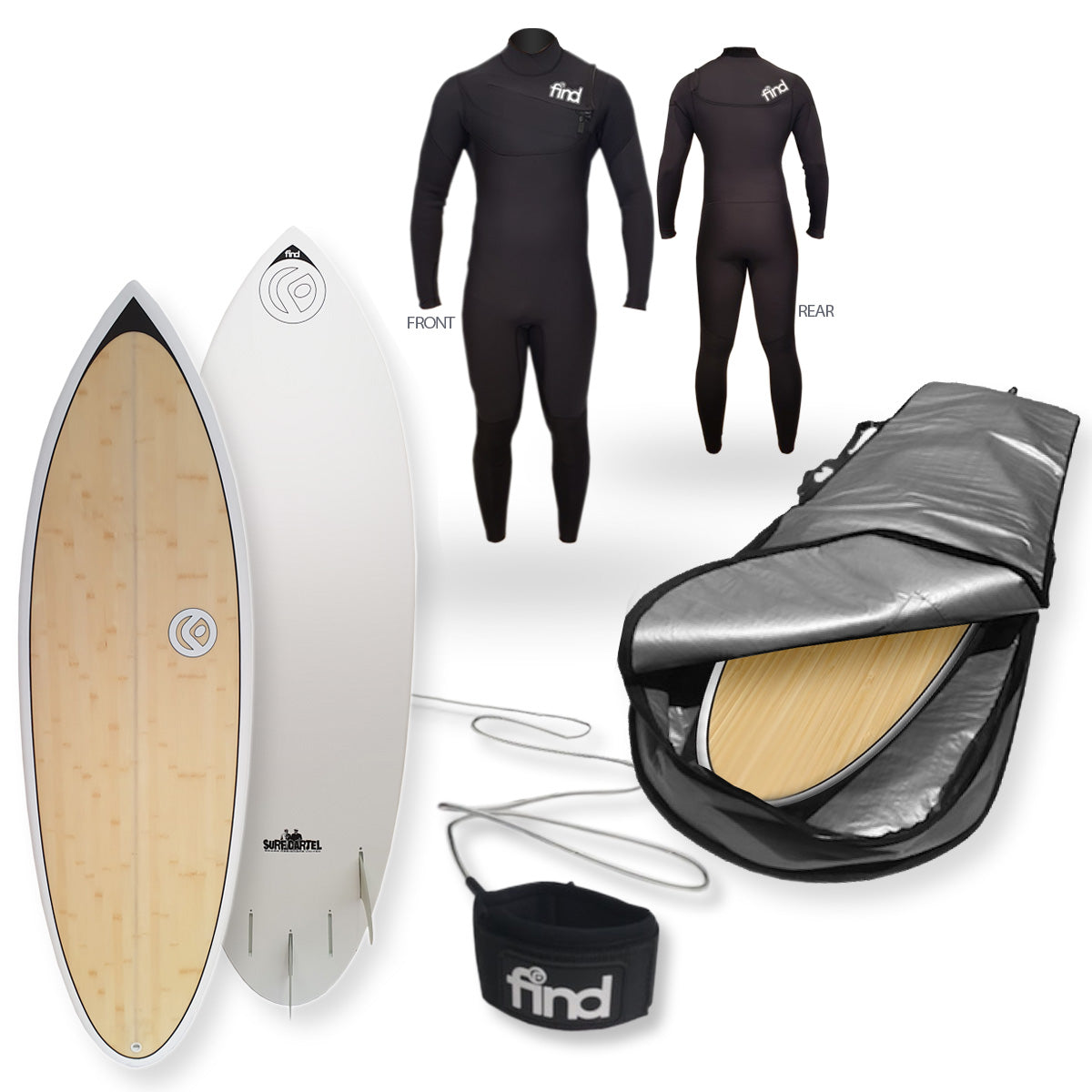 Find™ 57 Blitz Ecoflex Bamboo Surfboard Fins Cover Wetsuit Leash Package - Default Title