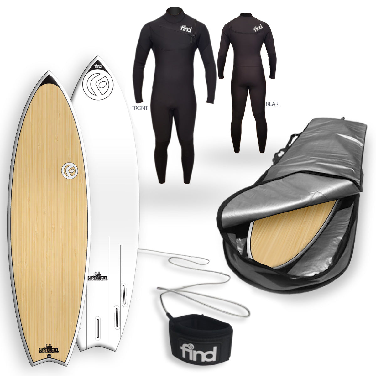 Find™ Speedsta 60 Bamboo Surfboard Cover Leash Wetsuit Package - Default Title