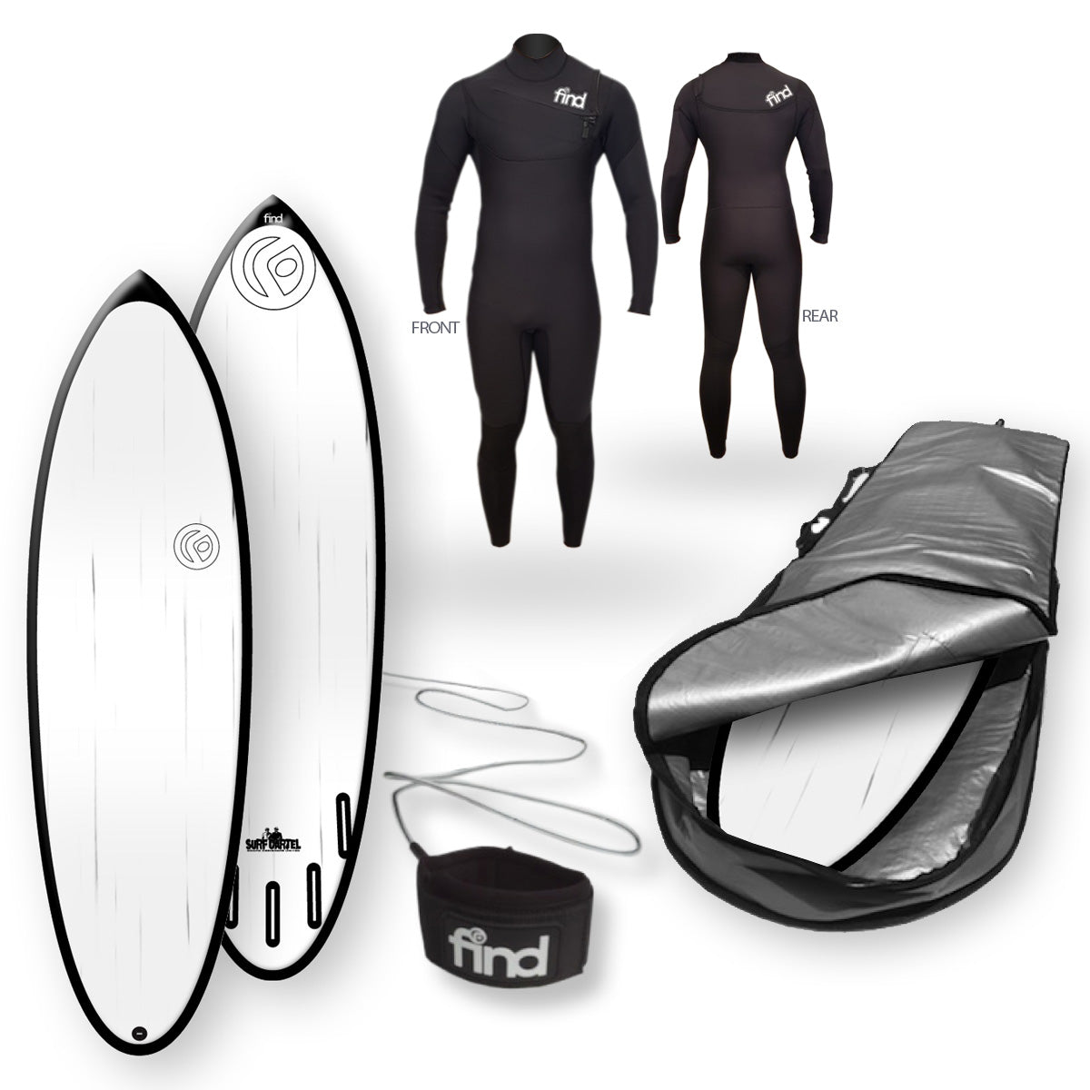 Find™ 510 Blitz Polytec Black Streaked Surfboard Fins Cover Leash Wetsuit Package - Default Title