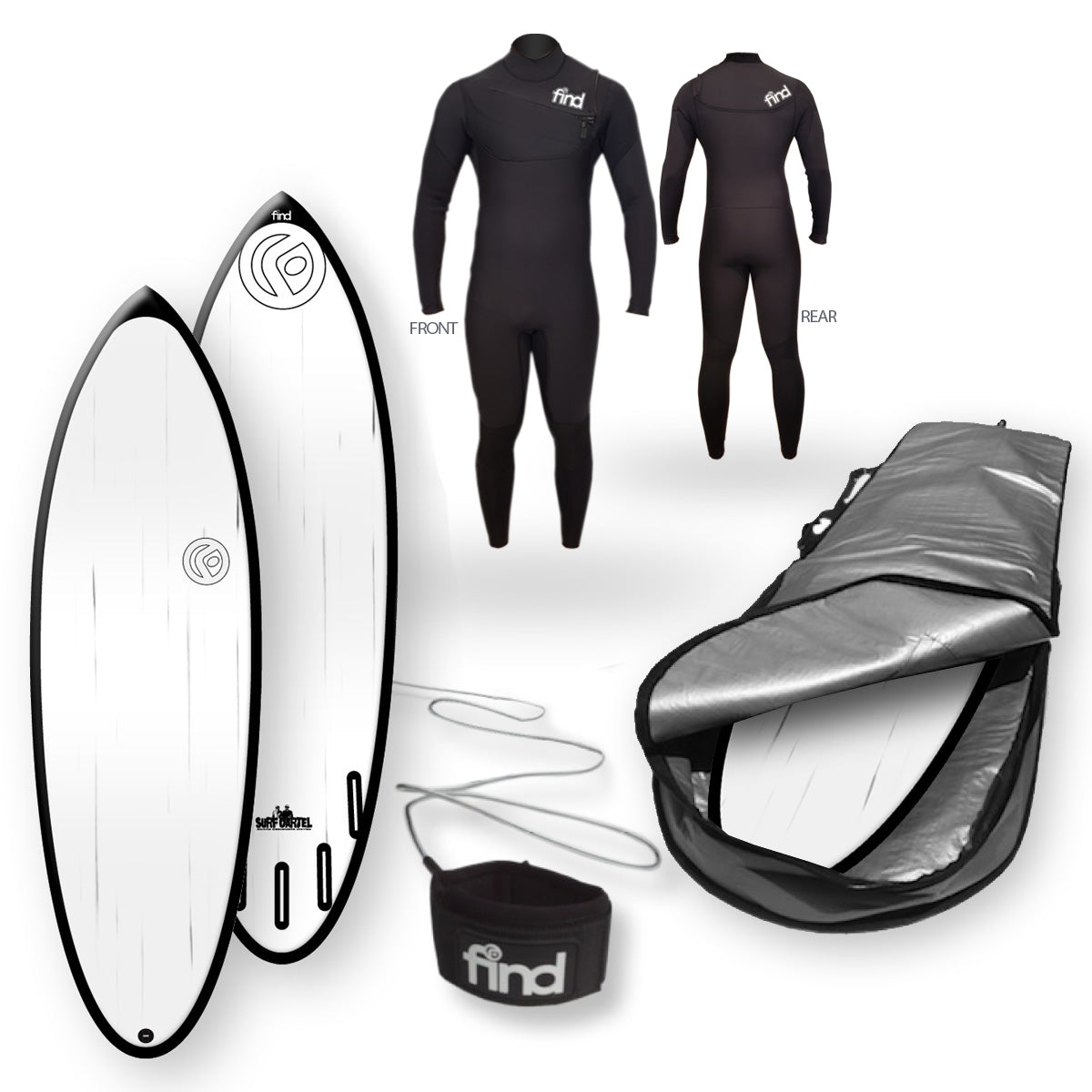 Find™ 57 Blitz Polytec Black Streaked Surfboard Fins Cover Leash Wetsuit Package - Default Title