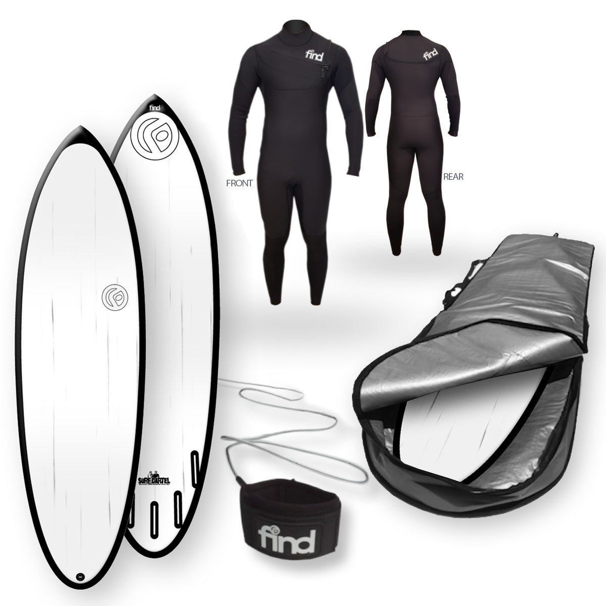 Find™ 60 Blitz Polytec Black Streaked Surfboard Fins Cover Leash Wetsuit Package - Default Title