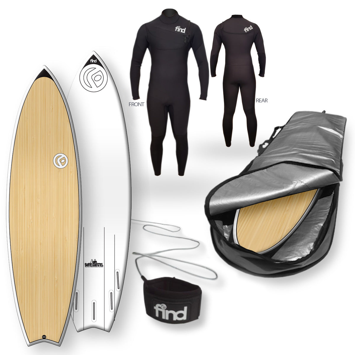 Find™ Speedsta 64 Bamboo Surfboard Cover Leash Wetsuit Package - Default Title