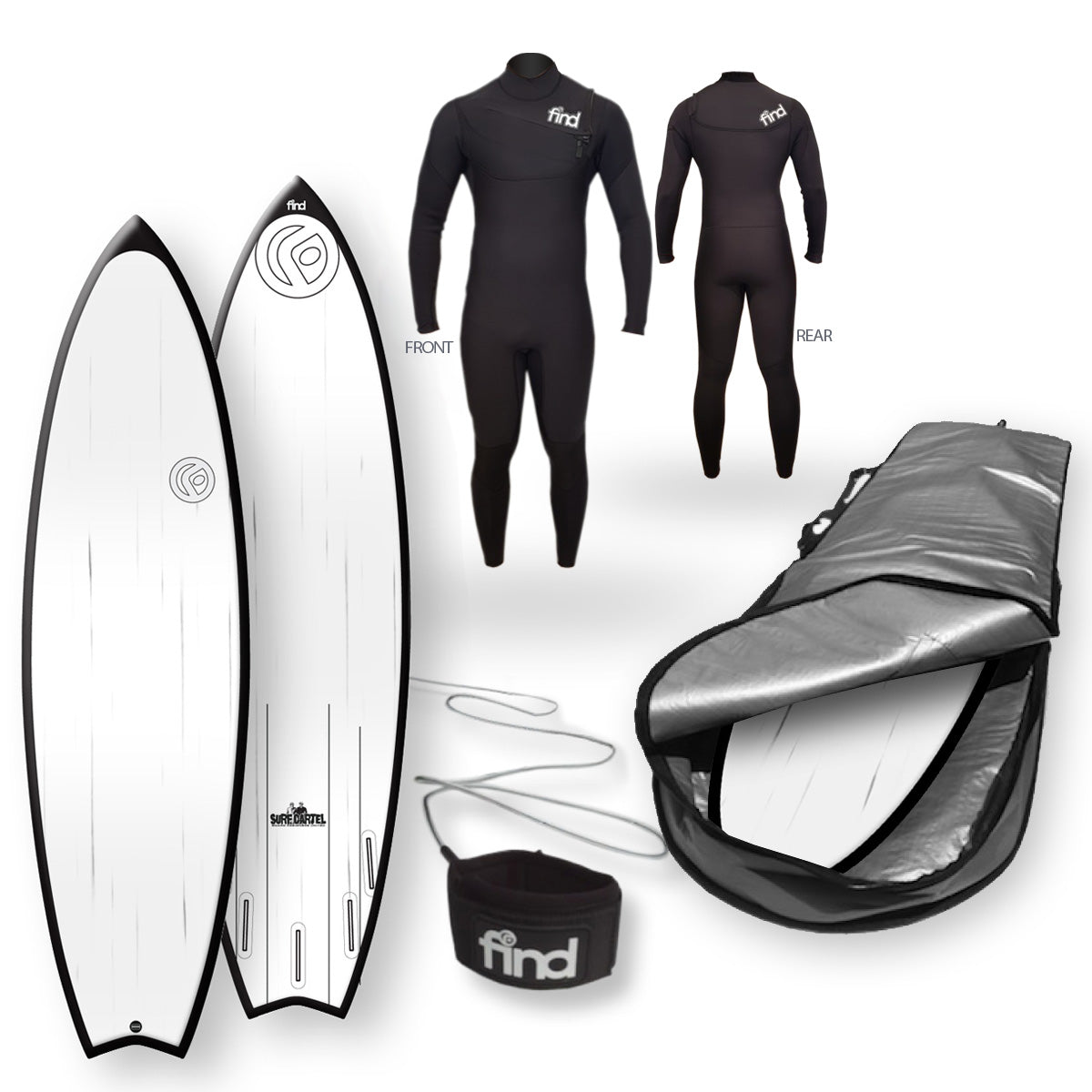 Find™ Speedsta 60 Polytec Black Streaked Surfboard Cover Leash Wetsuit Package - Default Title